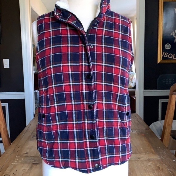 guc Skies are Blue Plaid Sherpa Lined Vest Size M - Picture 2 of 13